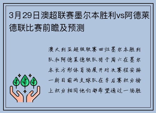 3月29日澳超联赛墨尔本胜利vs阿德莱德联比赛前瞻及预测